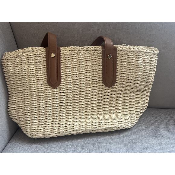 Casual Woven Straw Tote Bag With Brown Faux Leather Handles Summer Beach - Picture 2 of 6